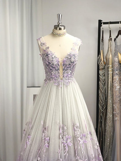 A-line Princess V-neck sheer inlaid sleeveless floor mop formal dress