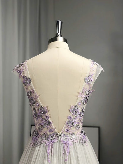 A-line Princess V-neck sheer inlaid sleeveless floor mop formal dress