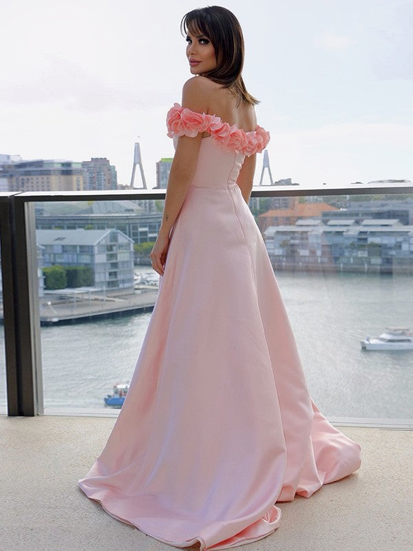 Sweet Princess Satin Off the Shoulder Sleeveless Handmade Flower Brushed Train Skirt