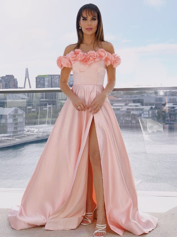 Sweet Princess Satin Off the Shoulder Sleeveless Handmade Flower Brushed Train Skirt