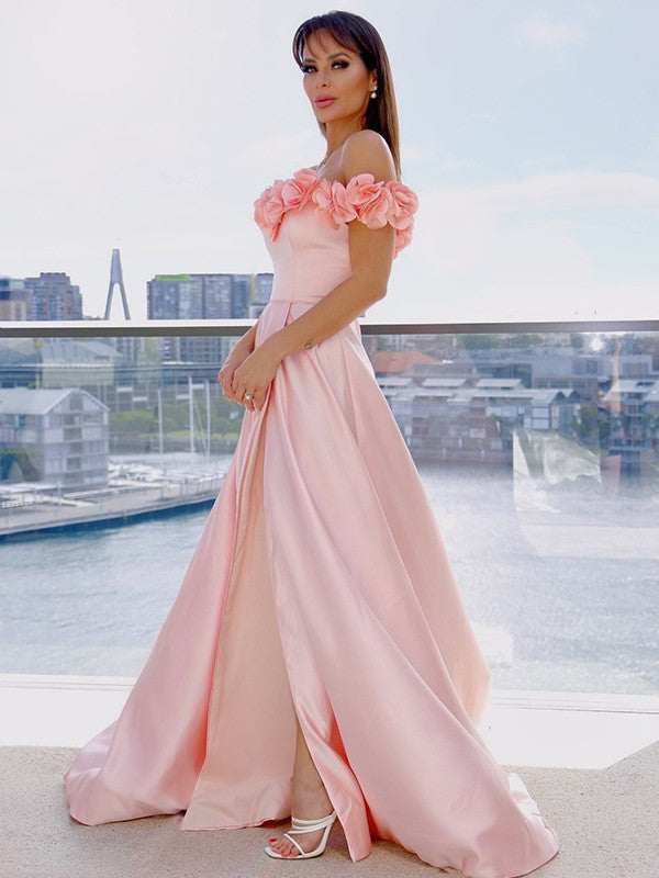 Sweet Princess Satin Off the Shoulder Sleeveless Handmade Flower Brushed Train Skirt