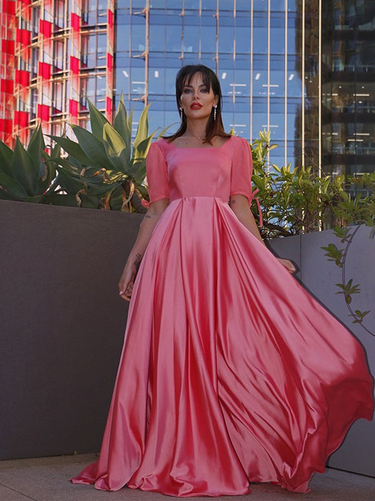 A-line Princess Square Sleeves Elastic Woven Satin Ruffle Edge Floor Mop Dress