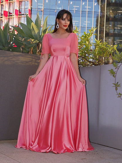 A-line Princess Square Sleeves Elastic Woven Satin Ruffle Edge Floor Mop Dress