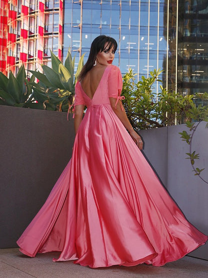 A-line Princess Square Sleeves Elastic Woven Satin Ruffle Edge Floor Mop Dress