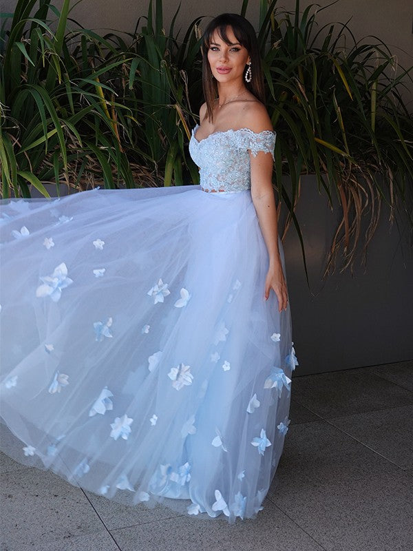 Sweet Princess Tulle Applique Sleeveless Off the Shoulder Floor Two Piece Dress