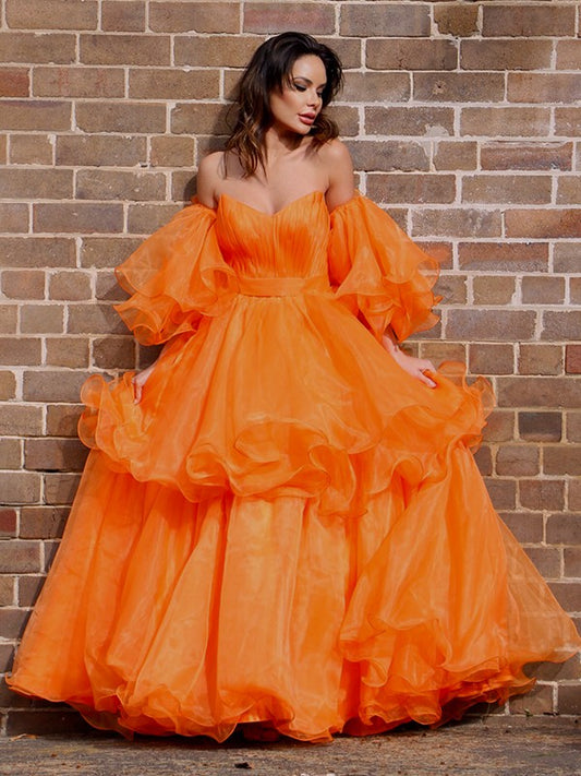 A-line Sweet Princess Sexy Off the Shoulder Long Sleeve Floor Dress