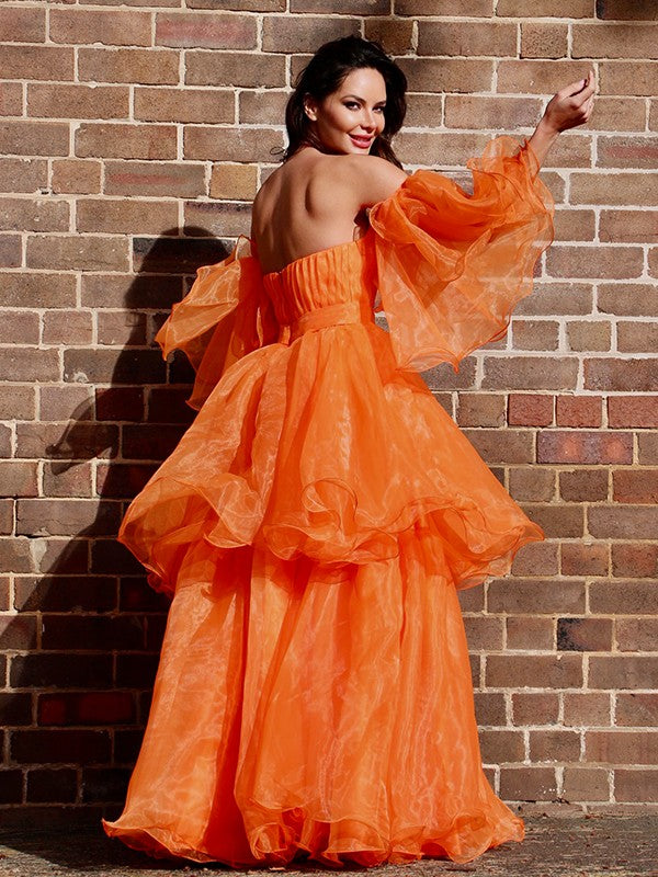 A-line Sweet Princess Sexy Off the Shoulder Long Sleeve Floor Dress