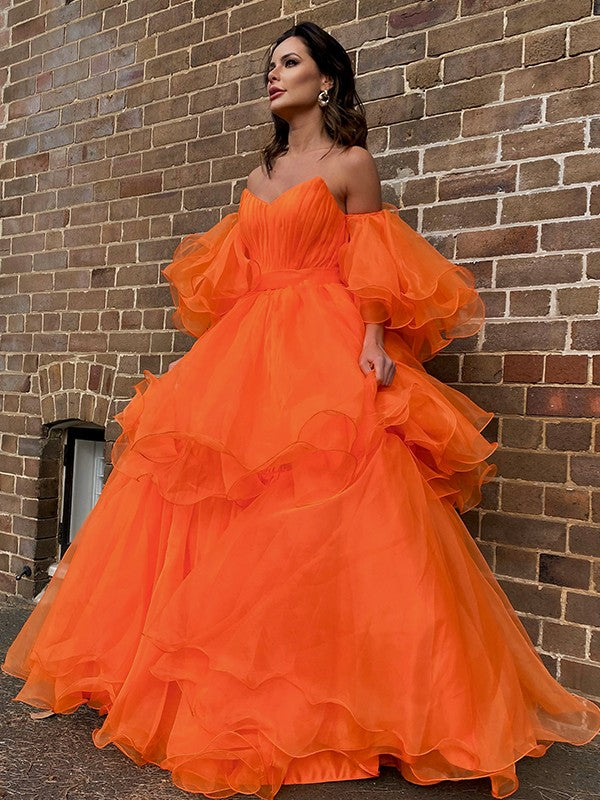 A-line Sweet Princess Sexy Off the Shoulder Long Sleeve Floor Dress
