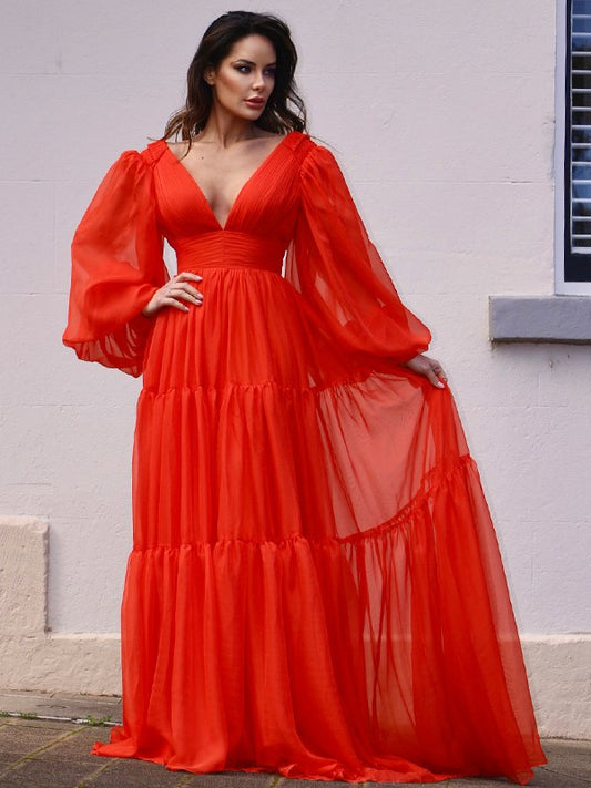 A-line skirt sweet princess V-neck long sleeved 30D chiffon ruffle edge dress