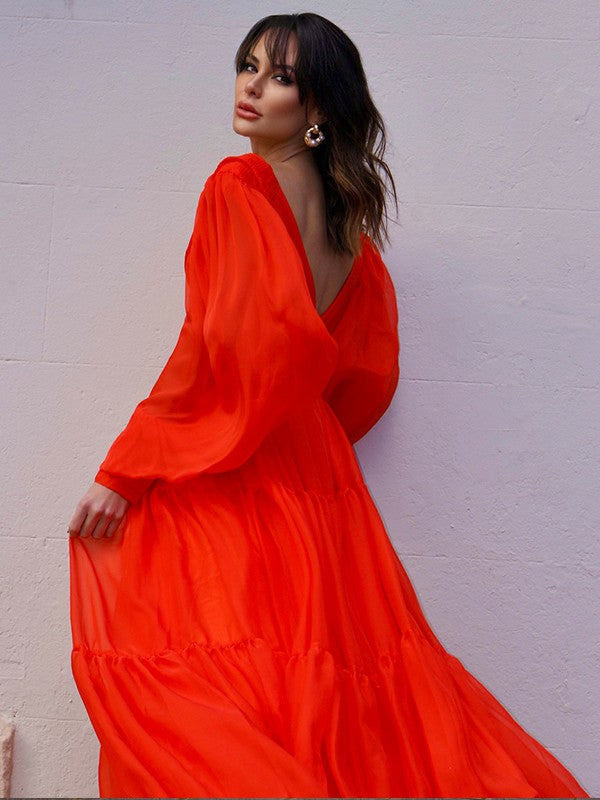 A-line skirt sweet princess V-neck long sleeved 30D chiffon ruffle edge dress