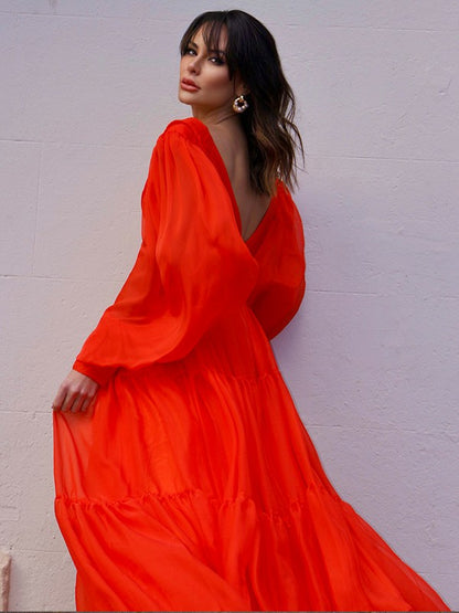 A-line skirt sweet princess V-neck long sleeved 30D chiffon ruffle edge dress