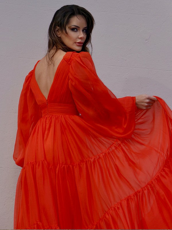 A-line skirt sweet princess V-neck long sleeved 30D chiffon ruffle edge dress