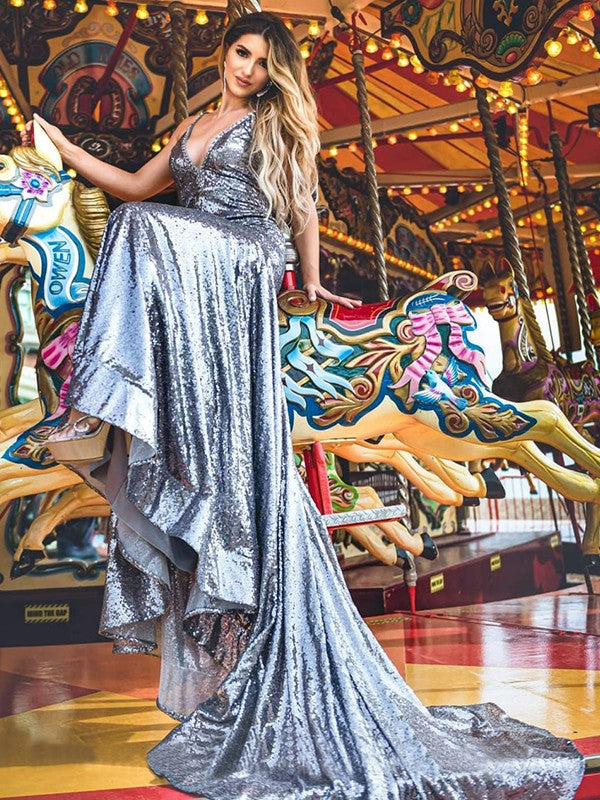 High end mermaid sequin ruffled V-neck sleeveless court dress