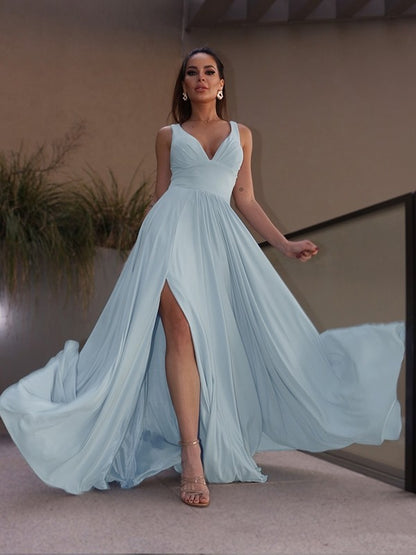 A-line elegant princess ruffled knit V-neck sleeveless floor dress