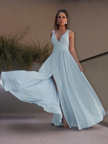 A-line elegant princess ruffled knit V-neck sleeveless floor dress