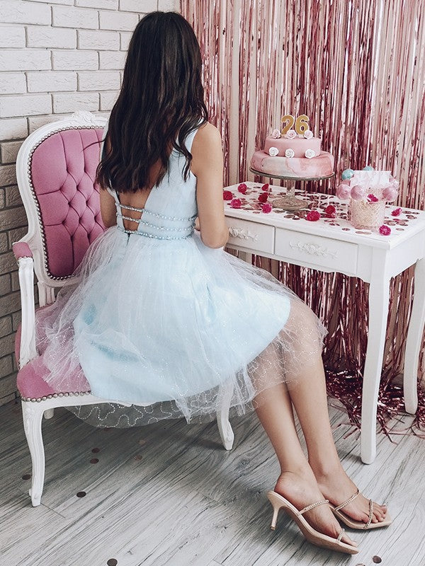 A-line Princess V-neck Beaded Tulle Sleeveless Short Back to School Dress