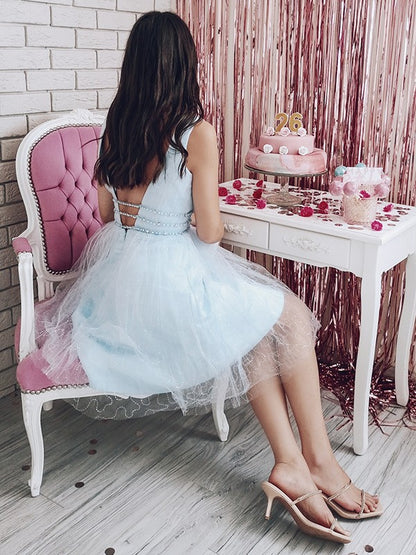 A-line Princess V-neck Beaded Tulle Sleeveless Short Back to School Dress