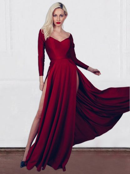 A-line skirt princess knitted pleated elegant V-neck long sleeved dress