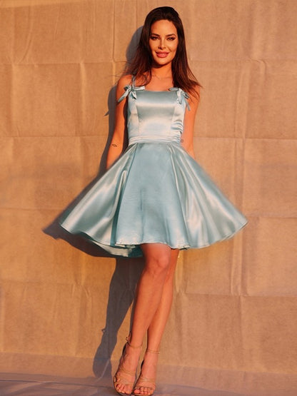 A-shaped pleated elastic woven satin shoulder strap sleeveless short mini back to school dress
