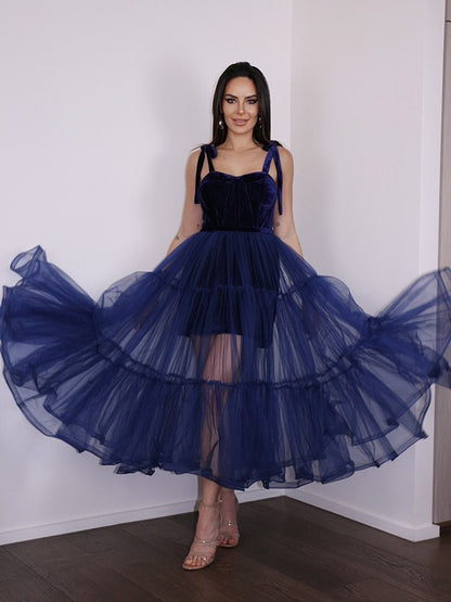 A-line princess style thin gauze ruffle edge thin shoulder strap sleeveless tea long return to school party dress