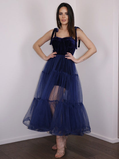 A-line princess style thin gauze ruffle edge thin shoulder strap sleeveless tea long return to school party dress