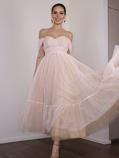 A-line Sweet Princess Lace Off Shoulder Sleeveless Tea Back to School Party Dress