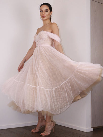 A-line Sweet Princess Lace Off Shoulder Sleeveless Tea Back to School Party Dress
