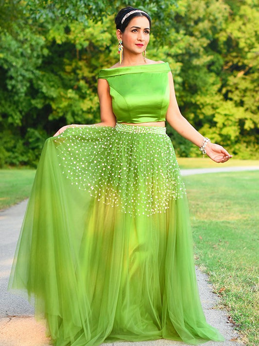 A-line Princess sheer sexy off the shoulder sleeveless floor two piece dress