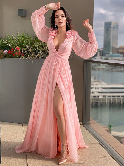 A-line princess skirt 30D chiffon ruffled V-neck long sleeved strapless dress