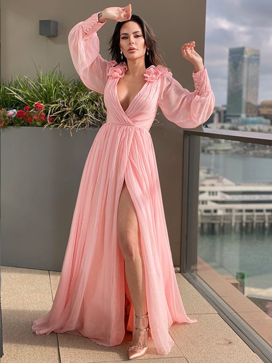 A-line princess skirt 30D chiffon ruffled V-neck long sleeved strapless dress