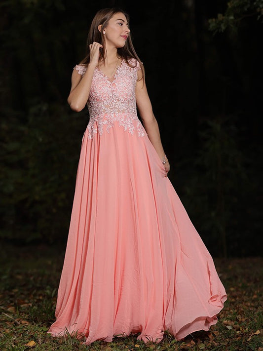 A-line Sweet Princess Chiffon Lace V-neck Sleeveless Sweater Sweeping Dress
