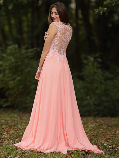 A-line Sweet Princess Chiffon Lace V-neck Sleeveless Sweater Sweeping Dress