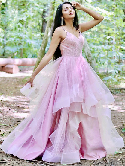 Elegant Princess Tulle Ruffle Edge Sexy Strap Sleeveless Floor Dress