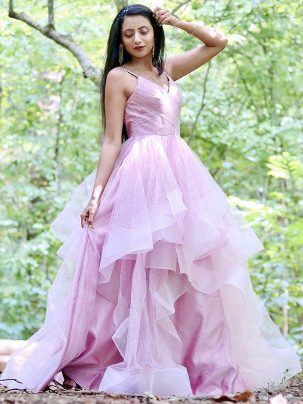A-line Sweet Princess Tulle Ruffle Edge Italian Noodle Strap Sleeveless Floor Dress