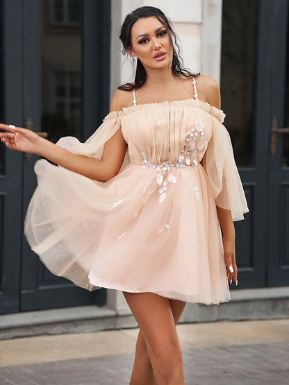 A/Princess style sheer beaded thin shoulder strap half sleeved short skirt mini skirt