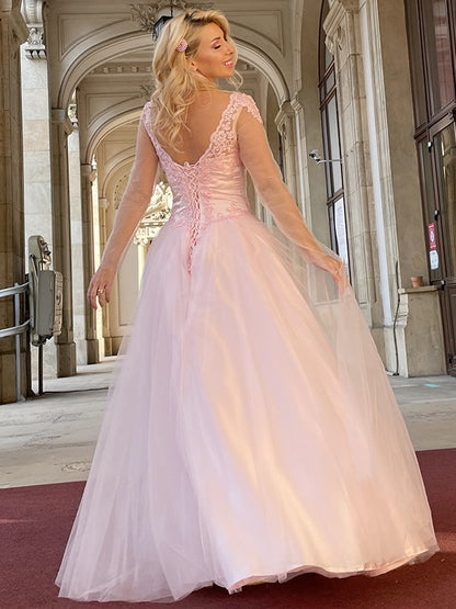 A-line Sweet Princess Tulle Applique V-neck Long Sleeve Floor Dress