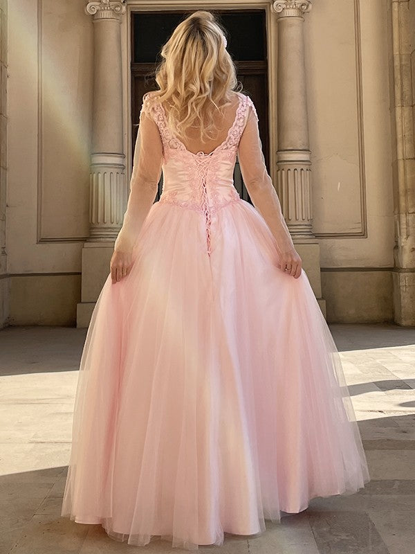 A-line Sweet Princess Tulle Applique V-neck Long Sleeve Floor Dress