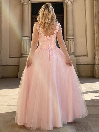 A-line Sweet Princess Tulle Applique V-neck Long Sleeve Floor Dress