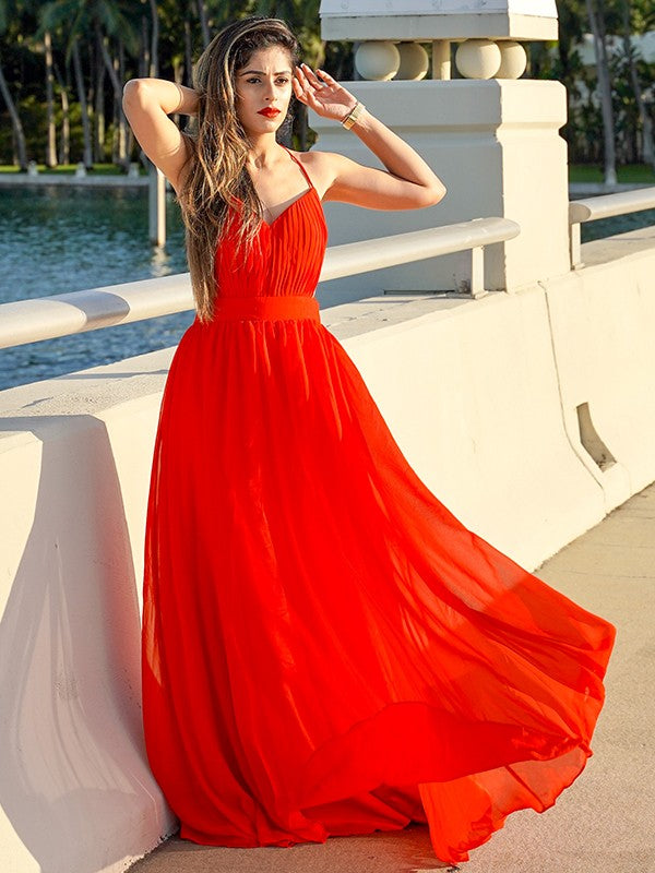 A-line Elegant Princess Chiffon V-neck Sleeveless Floor Dress