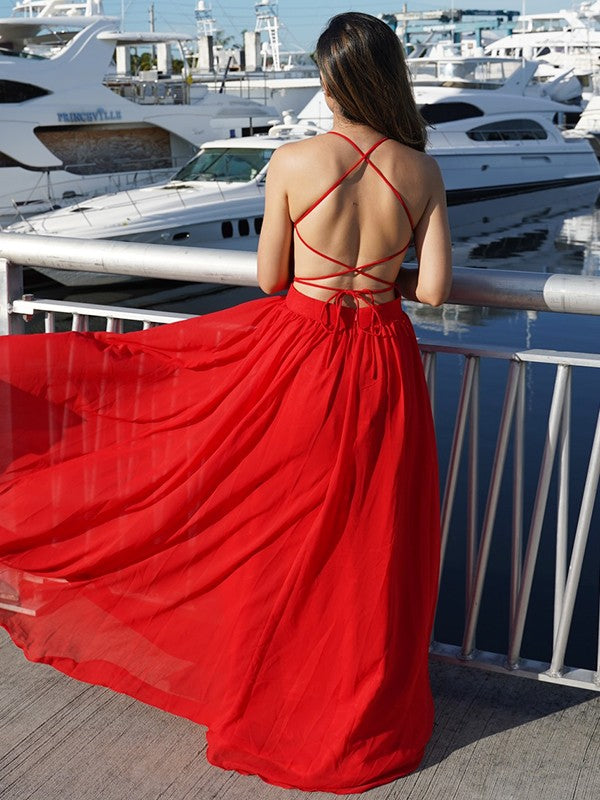 A-line Elegant Princess Chiffon V-neck Sleeveless Floor Dress
