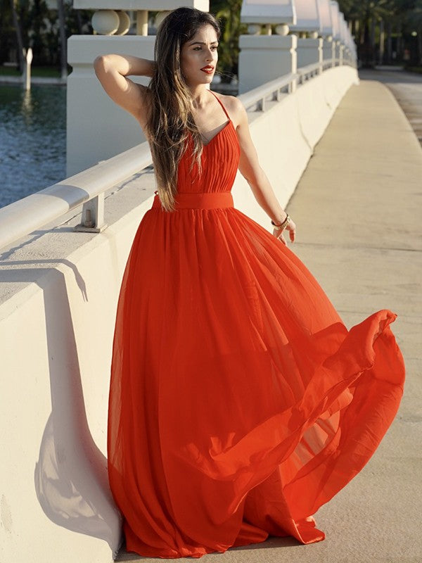 A-line Elegant Princess Chiffon V-neck Sleeveless Floor Dress