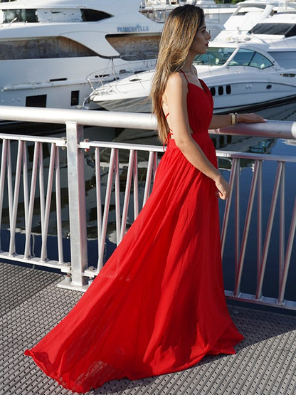 A-line Elegant Princess Chiffon V-neck Sleeveless Floor Dress