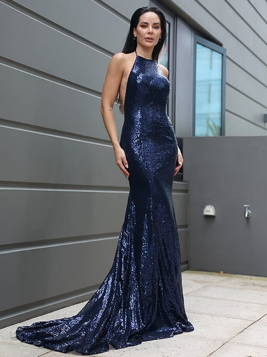 Pillar sequin ruffled Halter sleeveless dress