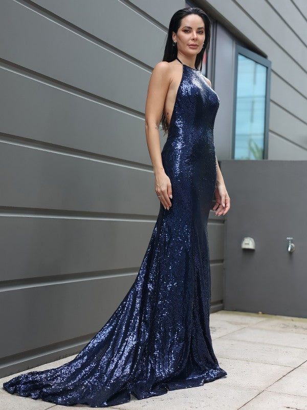 Pillar sequin ruffled Halter sleeveless dress