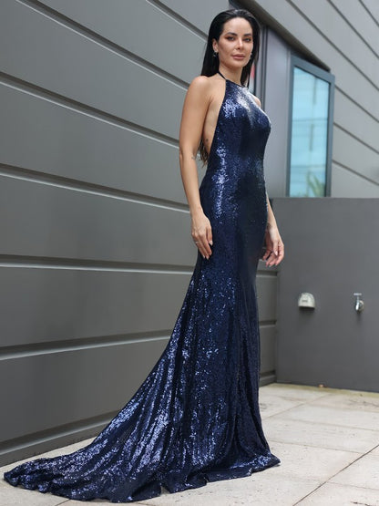 Pillar sequin ruffled Halter sleeveless dress