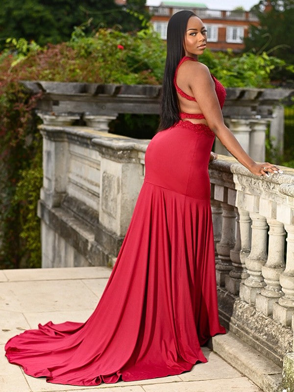 Trumpet Mermaid Elastic Applique Sleeveless Sweeping Brush Train Skirt