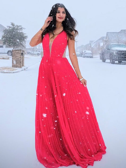 A-line Princess Chiffon Ruffle Edge V-neck Sleeveless Floor Dress