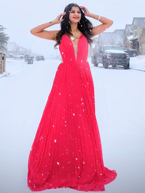 A-line Princess Chiffon Ruffle Edge V-neck Sleeveless Floor Dress