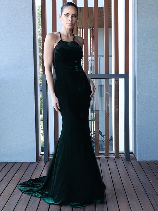 Pillar Velvet Application Halter Sleeveless Sweet Dress