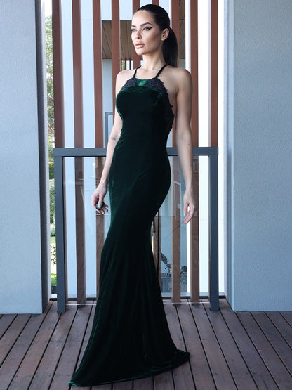 Pillar Velvet Application Halter Sleeveless Sweet Dress